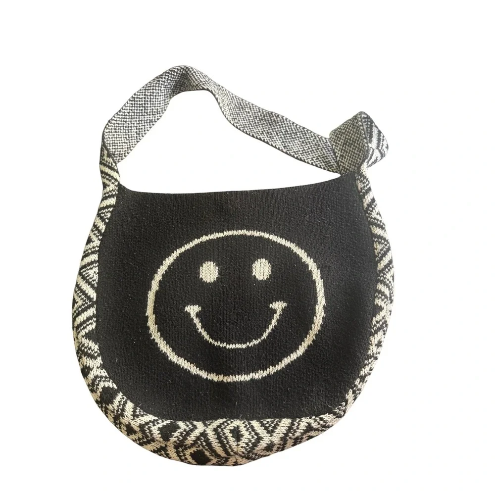 Black Knit Smiley Face Hobo Bag Geometric Diamond Trim Shoulder Bag